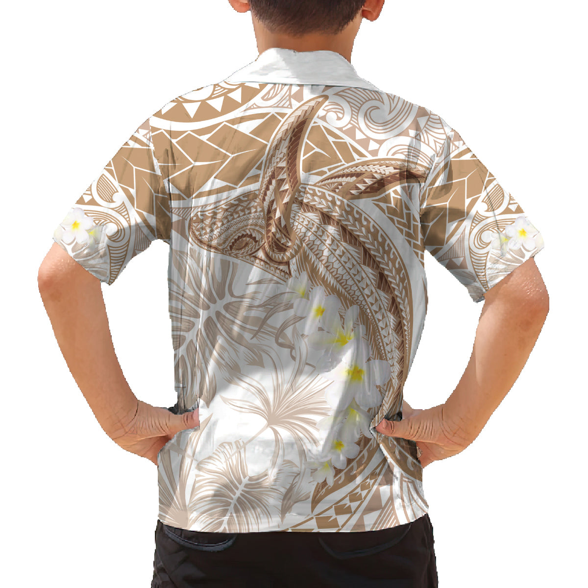 Polynesia Humpback Whale Family Matching Summer Maxi Dress and Hawaiian Shirt Tropical Plumeria Beige LT7 - Polynesian Pride