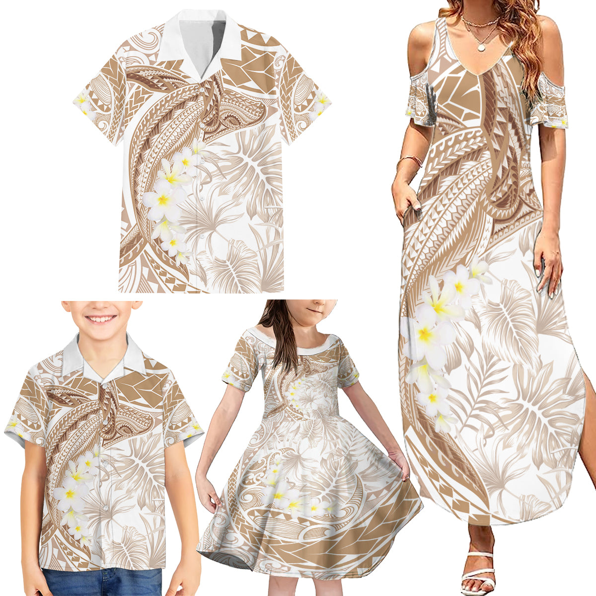 Polynesia Humpback Whale Family Matching Summer Maxi Dress and Hawaiian Shirt Tropical Plumeria Beige LT7 - Polynesian Pride