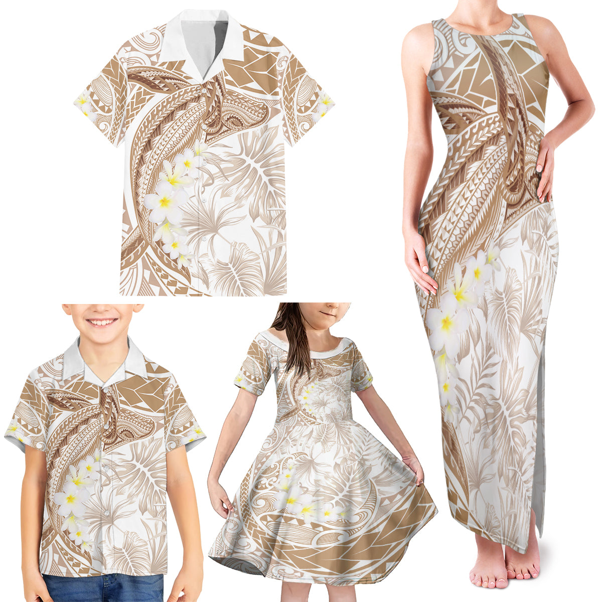 Polynesia Humpback Whale Family Matching Tank Maxi Dress and Hawaiian Shirt Tropical Plumeria Beige LT7 - Polynesian Pride