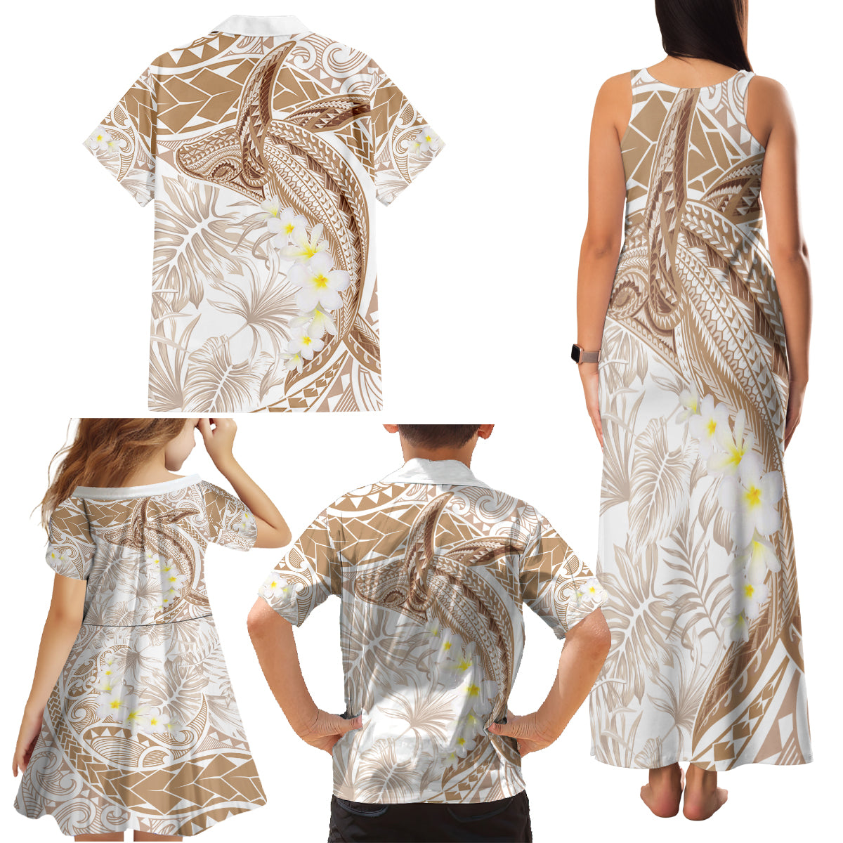 Polynesia Humpback Whale Family Matching Tank Maxi Dress and Hawaiian Shirt Tropical Plumeria Beige LT7 - Polynesian Pride