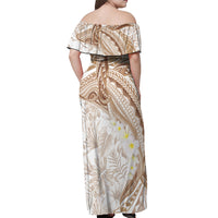 Polynesia Humpback Whale Off Shoulder Maxi Dress Tropical Plumeria Beige