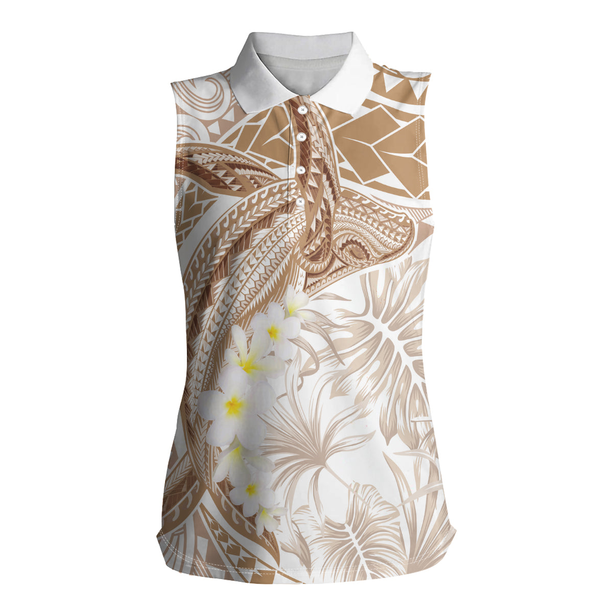 Polynesia Humpback Whale Women Sleeveless Polo Shirt Tropical Plumeria Beige