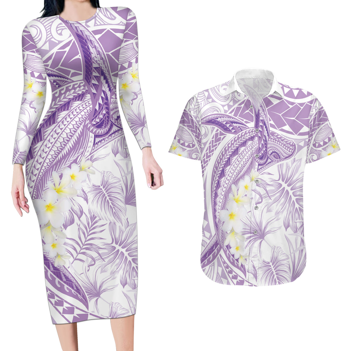 Polynesia Humpback Whale Couples Matching Long Sleeve Bodycon Dress and Hawaiian Shirt Tropical Plumeria Lavender LT7 Lavender - Polynesian Pride