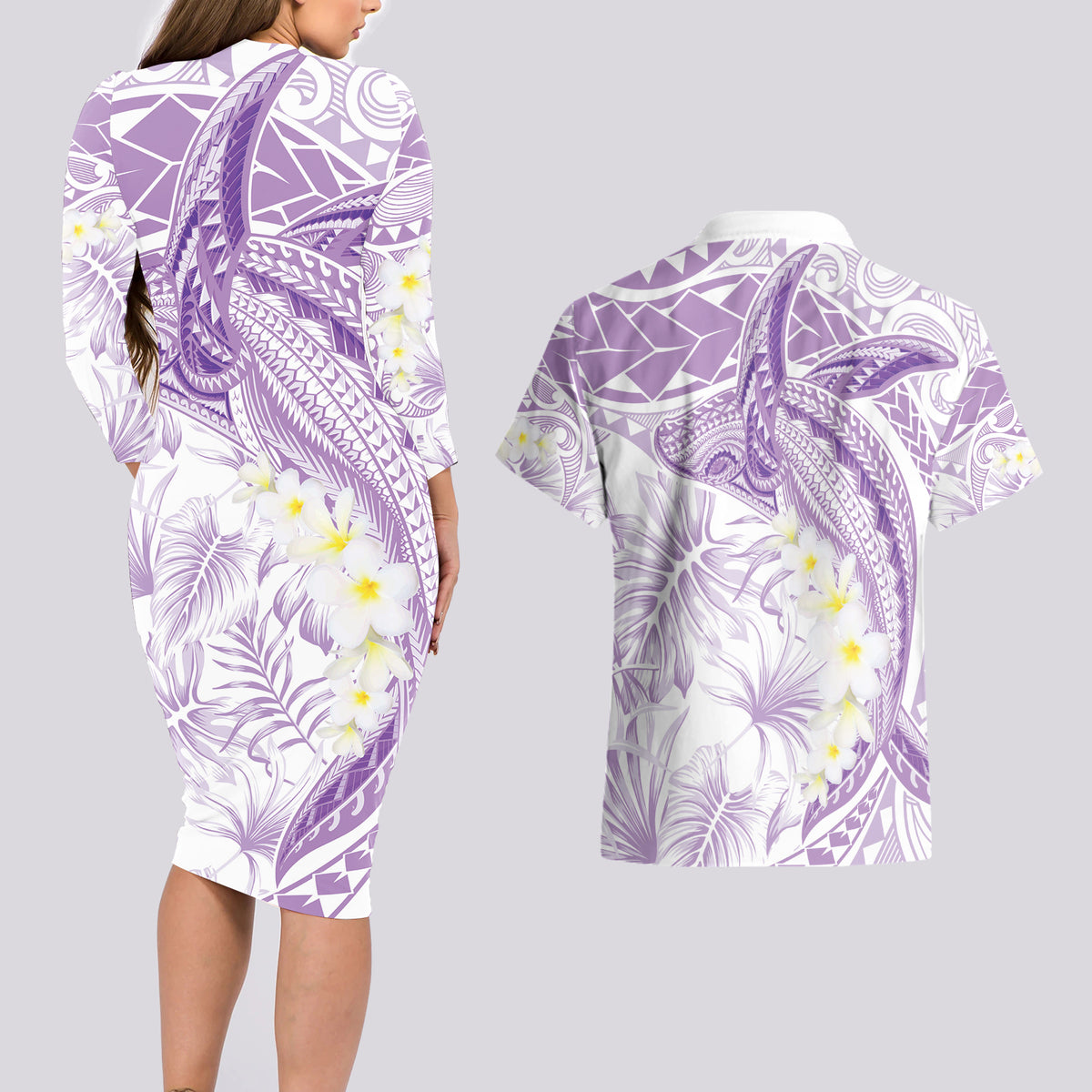 Polynesia Humpback Whale Couples Matching Long Sleeve Bodycon Dress and Hawaiian Shirt Tropical Plumeria Lavender LT7 - Polynesian Pride