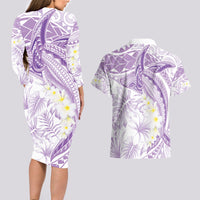 Polynesia Humpback Whale Couples Matching Long Sleeve Bodycon Dress and Hawaiian Shirt Tropical Plumeria Lavender LT7 - Polynesian Pride