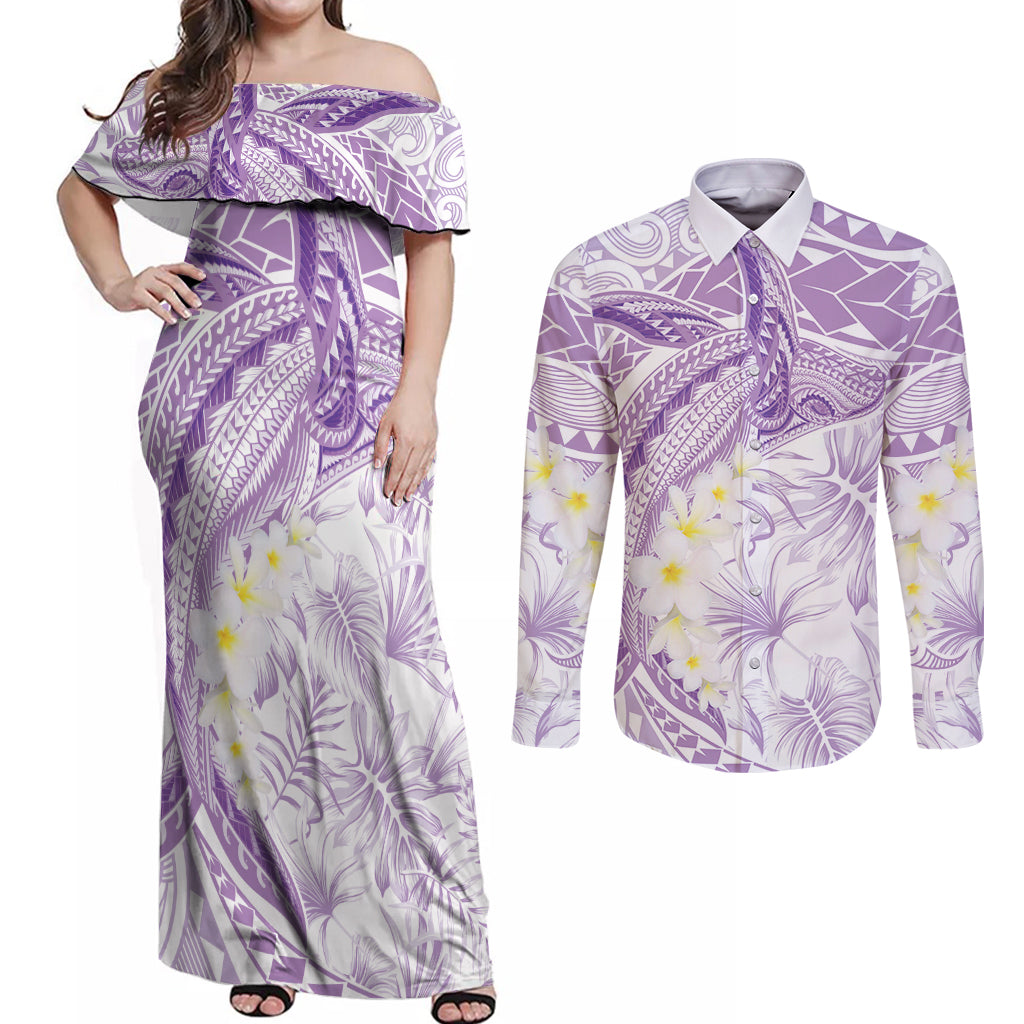 Polynesia Humpback Whale Couples Matching Off Shoulder Maxi Dress and Long Sleeve Button Shirt Tropical Plumeria Lavender