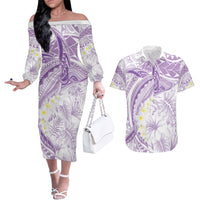 Polynesia Humpback Whale Couples Matching Off The Shoulder Long Sleeve Dress and Hawaiian Shirt Tropical Plumeria Lavender LT7 Lavender - Polynesian Pride
