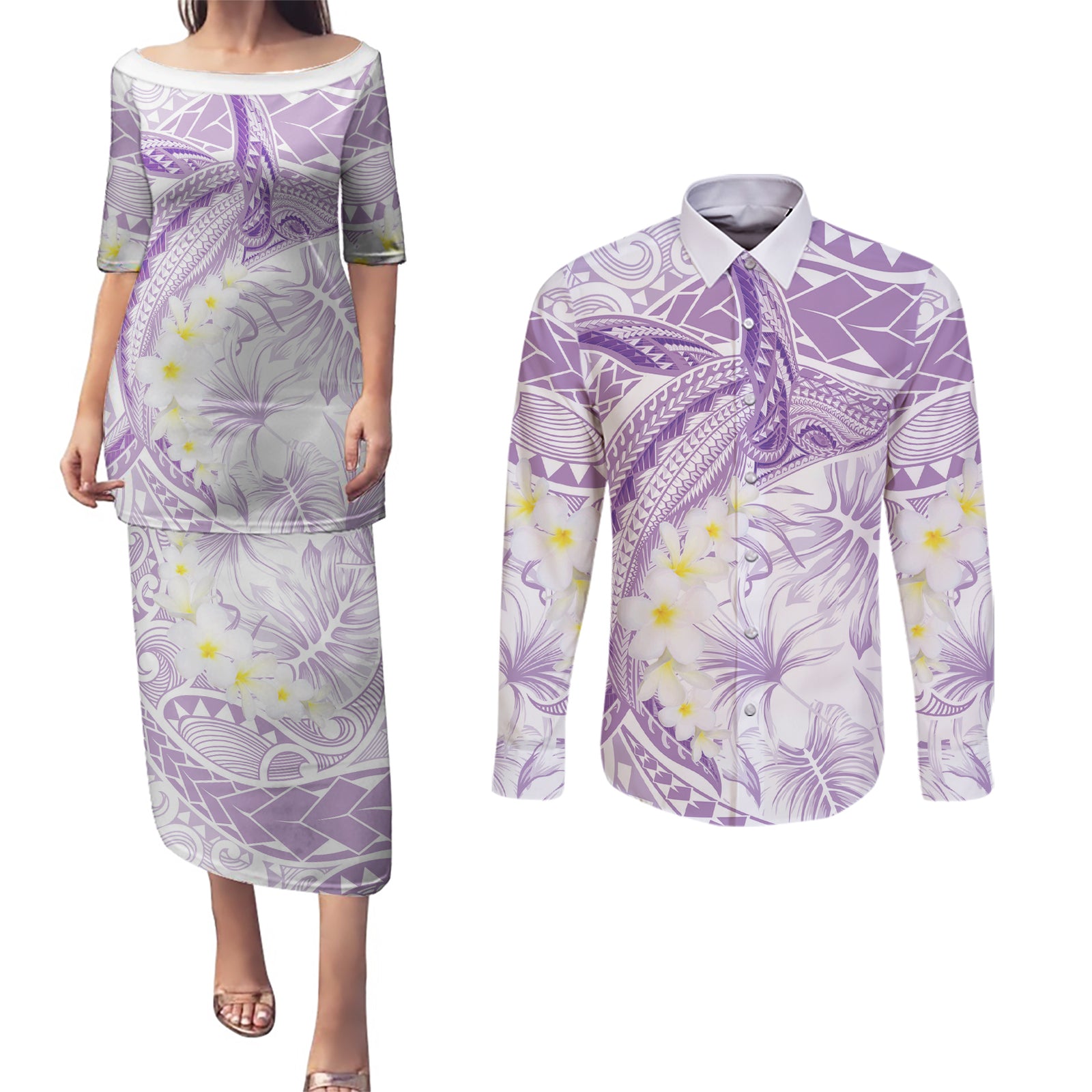 Polynesia Humpback Whale Couples Matching Puletasi and Long Sleeve Button Shirt Tropical Plumeria Lavender