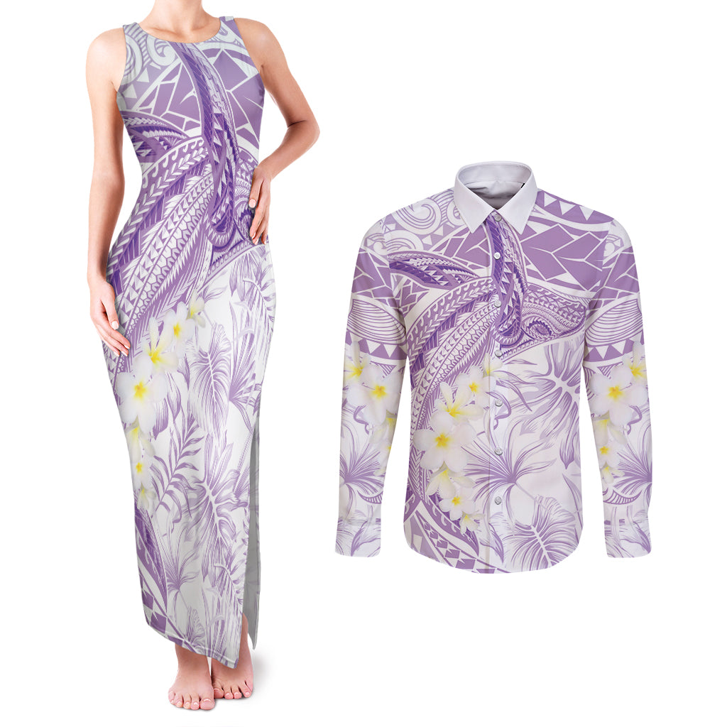 Polynesia Humpback Whale Couples Matching Tank Maxi Dress and Long Sleeve Button Shirt Tropical Plumeria Lavender