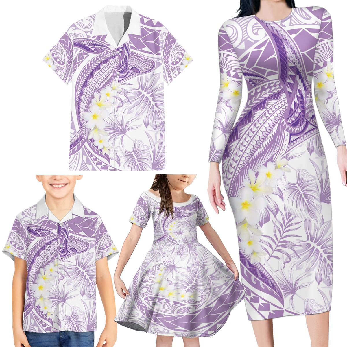 Polynesia Humpback Whale Family Matching Long Sleeve Bodycon Dress and Hawaiian Shirt Tropical Plumeria Lavender LT7 - Polynesian Pride
