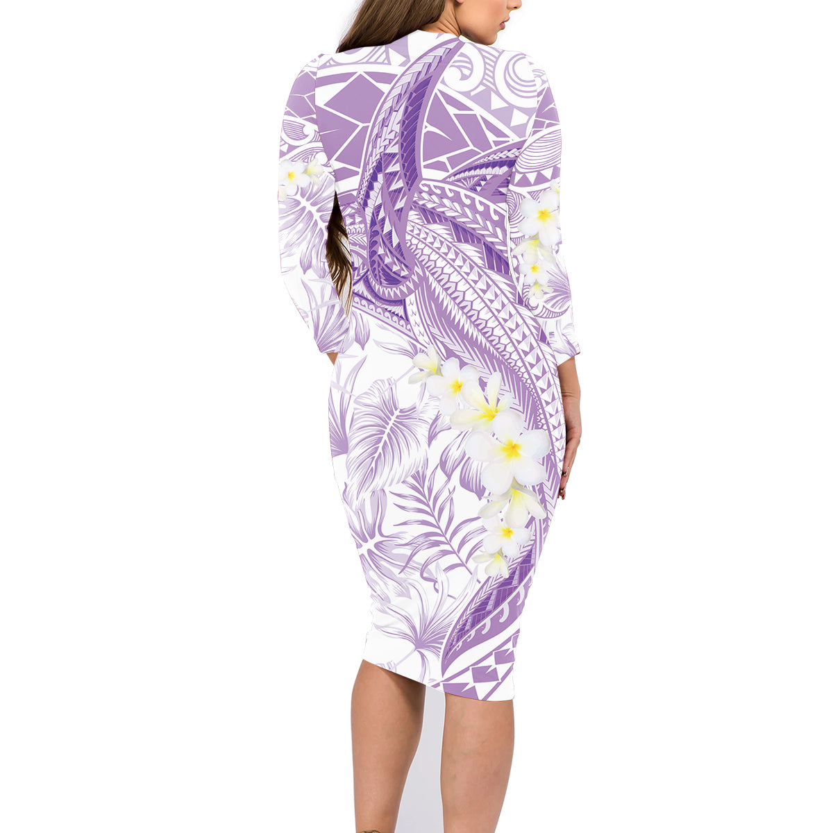 Polynesia Humpback Whale Family Matching Long Sleeve Bodycon Dress and Hawaiian Shirt Tropical Plumeria Lavender LT7 - Polynesian Pride