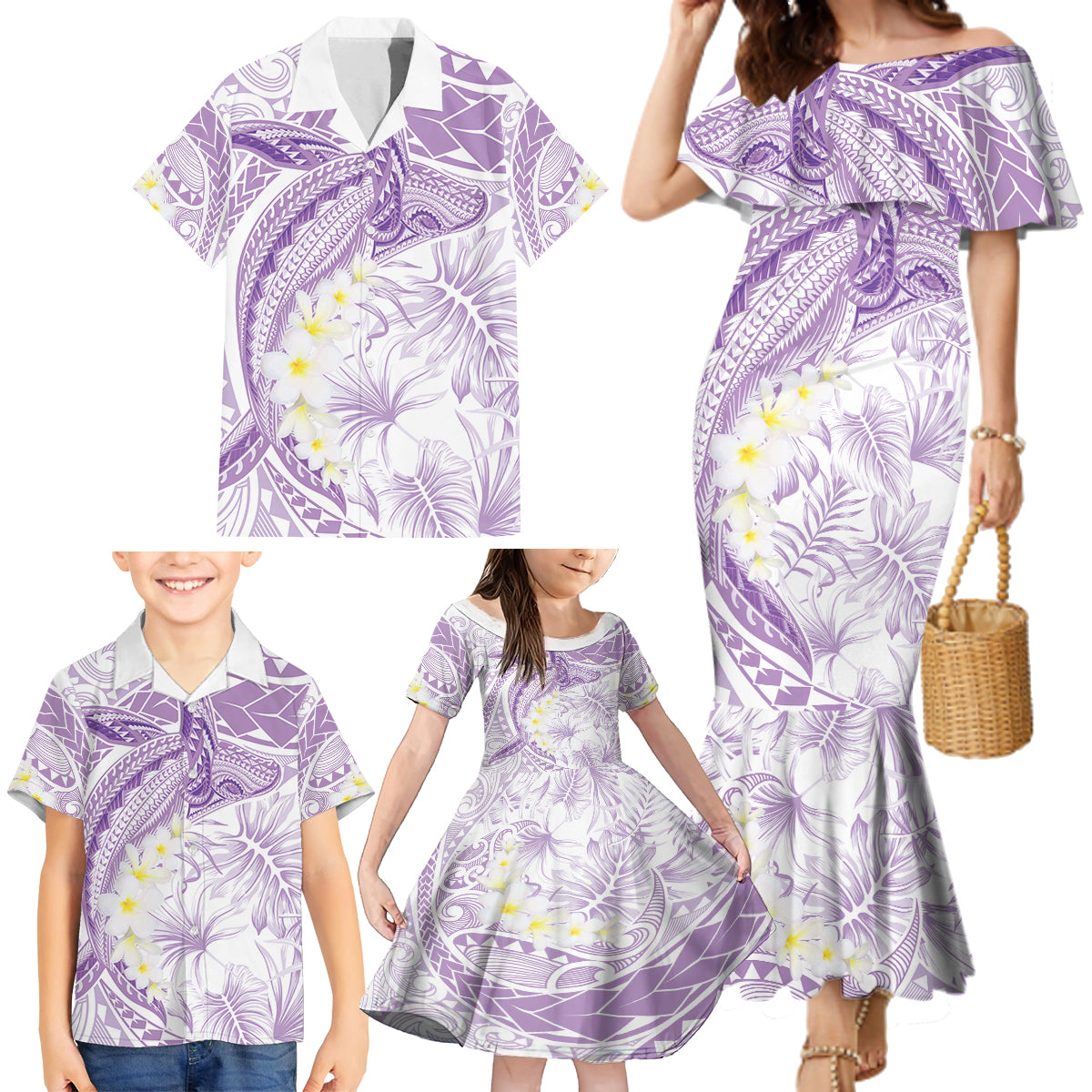 Polynesia Humpback Whale Family Matching Mermaid Dress and Hawaiian Shirt Tropical Plumeria Lavender LT7 - Polynesian Pride