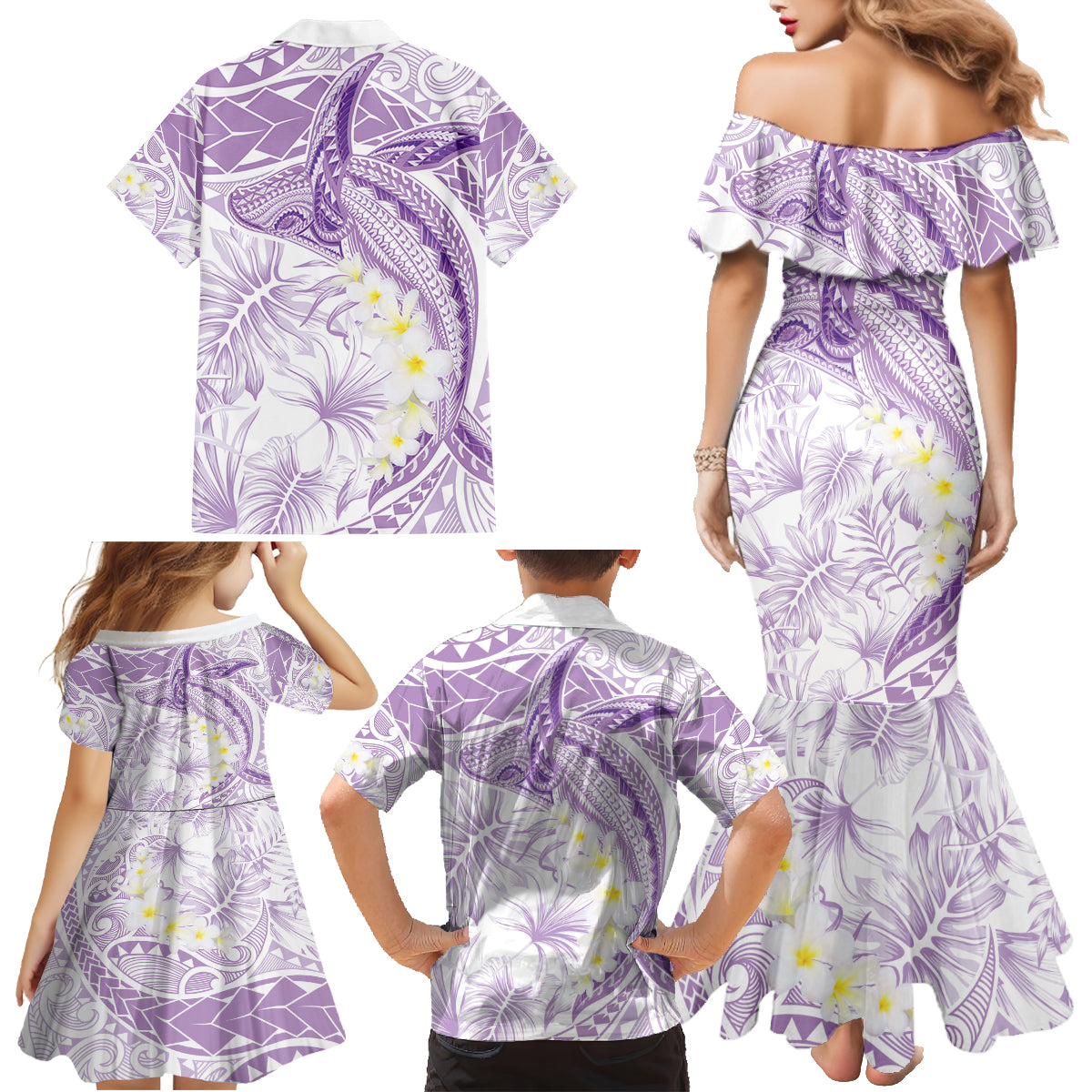 Polynesia Humpback Whale Family Matching Mermaid Dress and Hawaiian Shirt Tropical Plumeria Lavender LT7 - Polynesian Pride