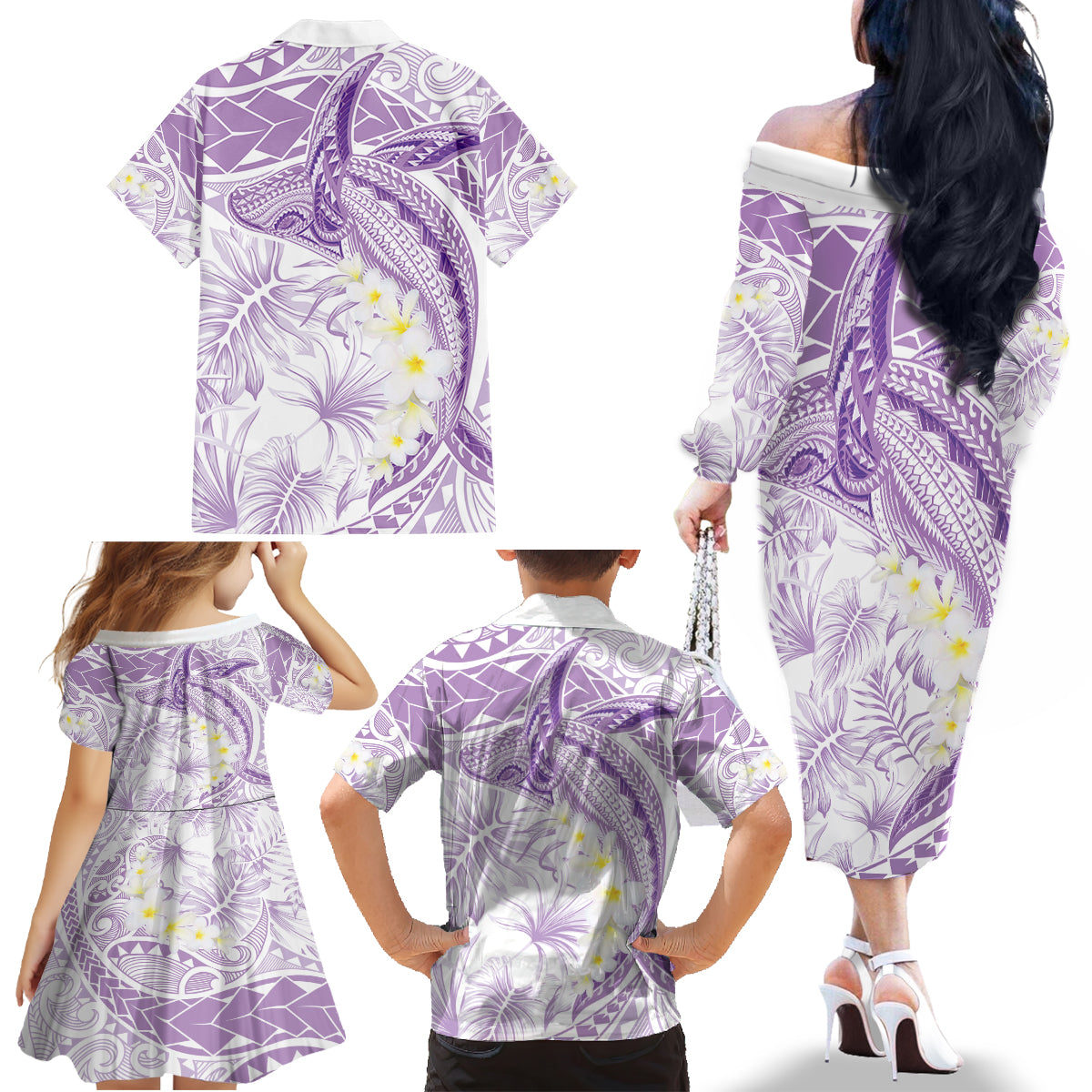 Polynesia Humpback Whale Family Matching Off The Shoulder Long Sleeve Dress and Hawaiian Shirt Tropical Plumeria Lavender LT7 - Polynesian Pride