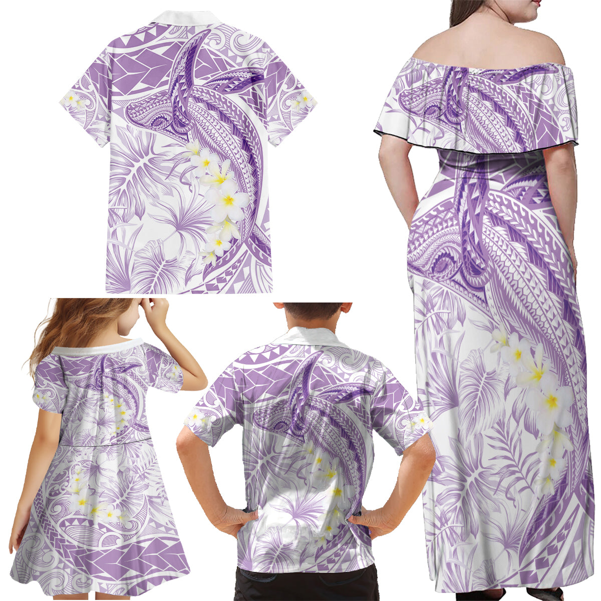 Polynesia Humpback Whale Family Matching Off Shoulder Maxi Dress and Hawaiian Shirt Tropical Plumeria Lavender LT7 - Polynesian Pride