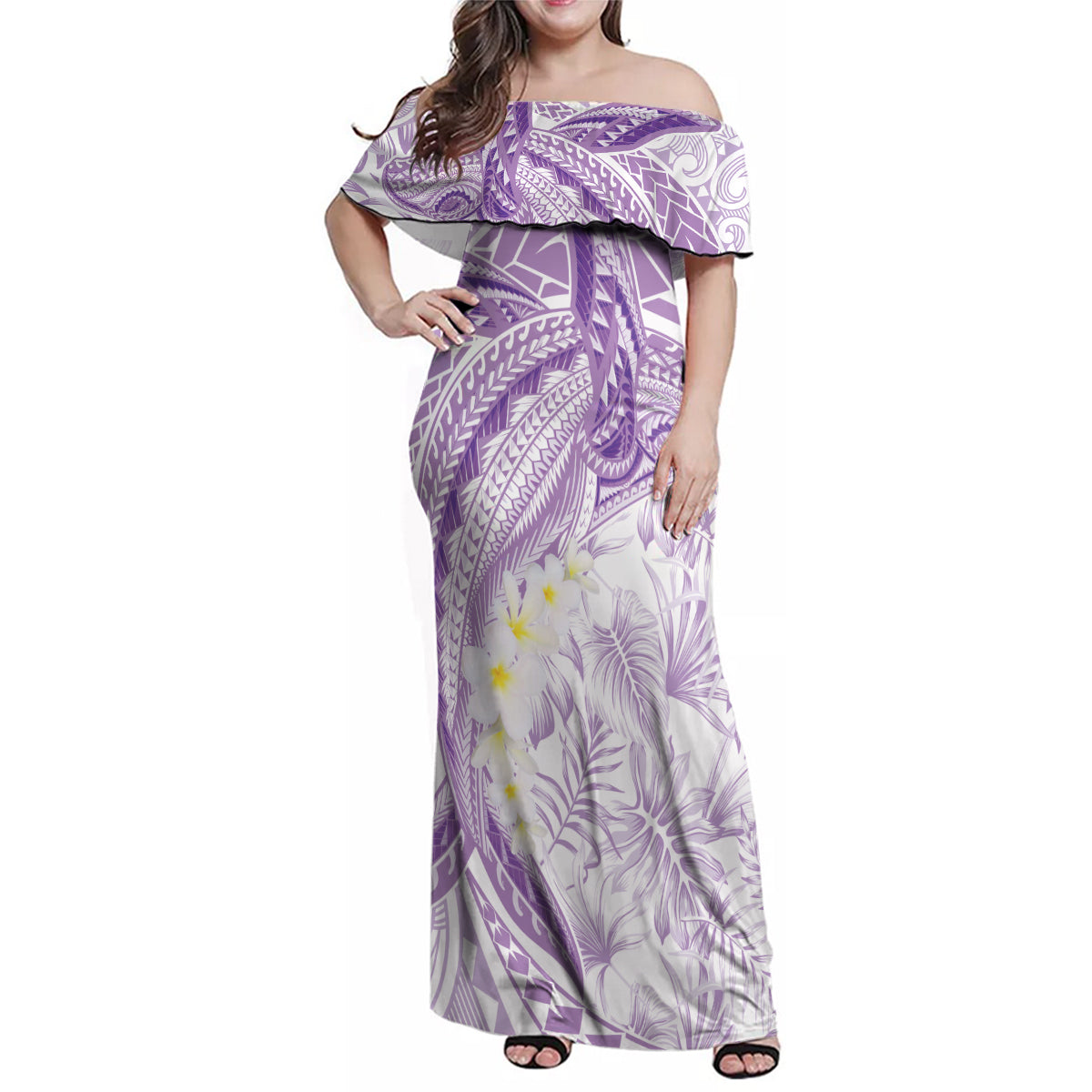 Polynesia Humpback Whale Family Matching Off Shoulder Maxi Dress and Hawaiian Shirt Tropical Plumeria Lavender LT7 Mom's Dress Lavender - Polynesian Pride