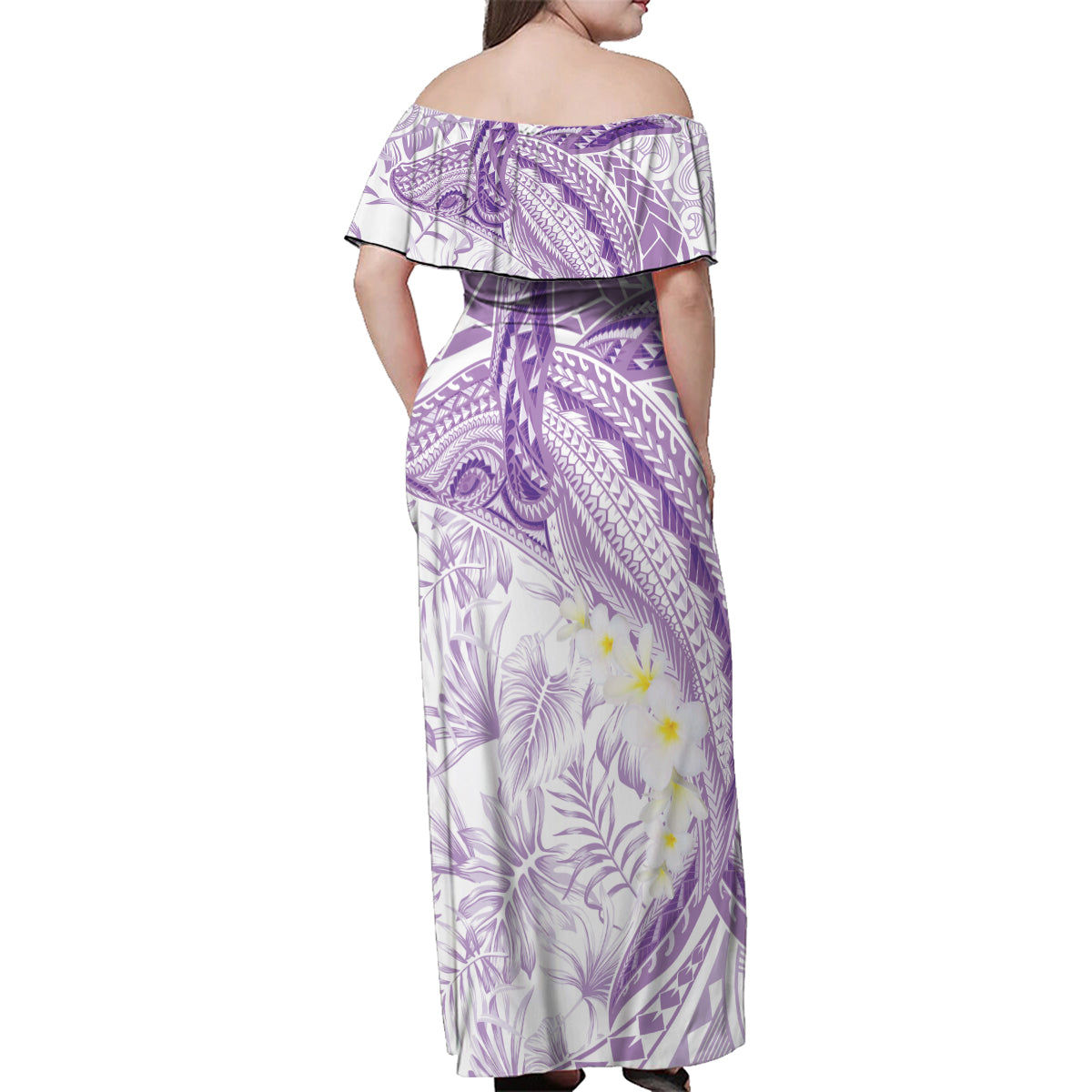 Polynesia Humpback Whale Family Matching Off Shoulder Maxi Dress and Hawaiian Shirt Tropical Plumeria Lavender LT7 - Polynesian Pride