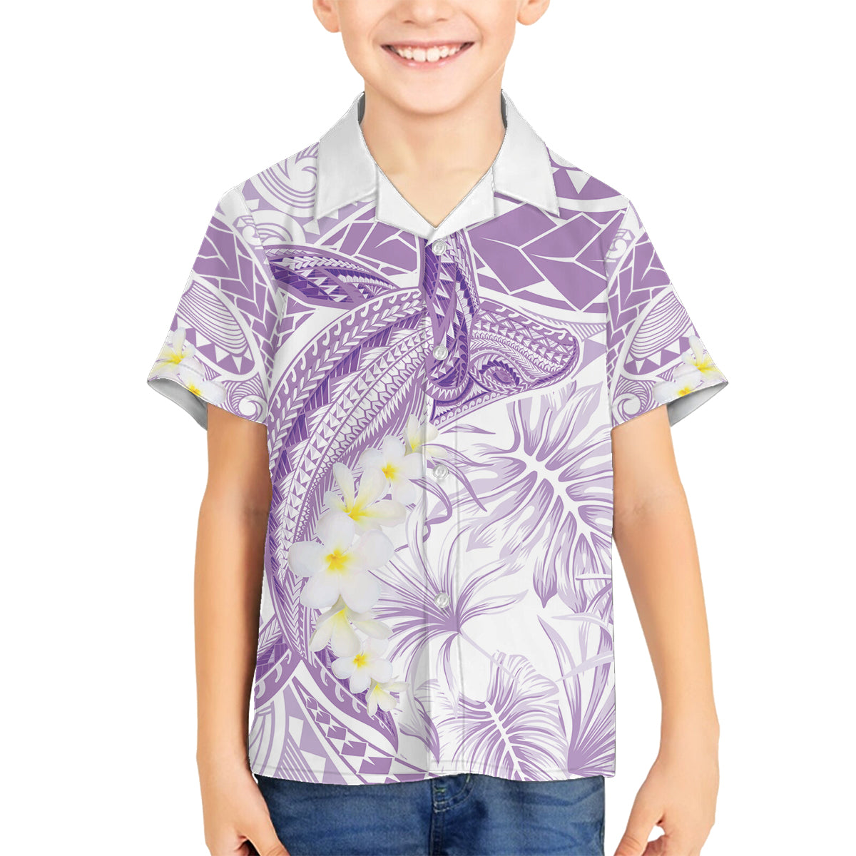 Polynesia Humpback Whale Family Matching Off Shoulder Maxi Dress and Hawaiian Shirt Tropical Plumeria Lavender LT7 Son's Shirt Lavender - Polynesian Pride