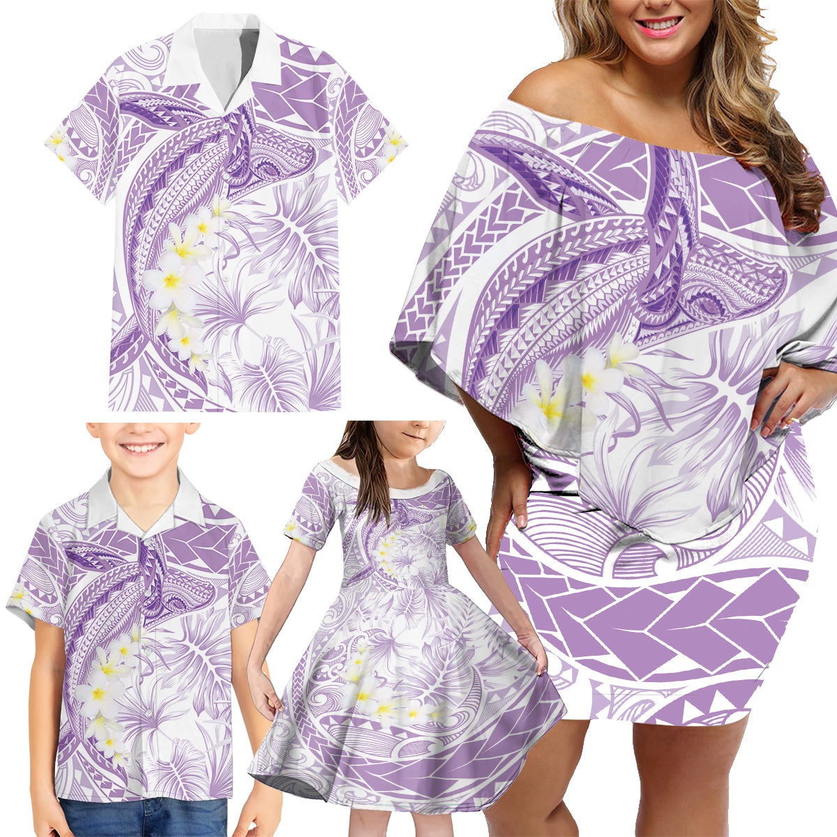 Polynesia Humpback Whale Family Matching Off Shoulder Short Dress and Hawaiian Shirt Tropical Plumeria Lavender LT7 - Polynesian Pride