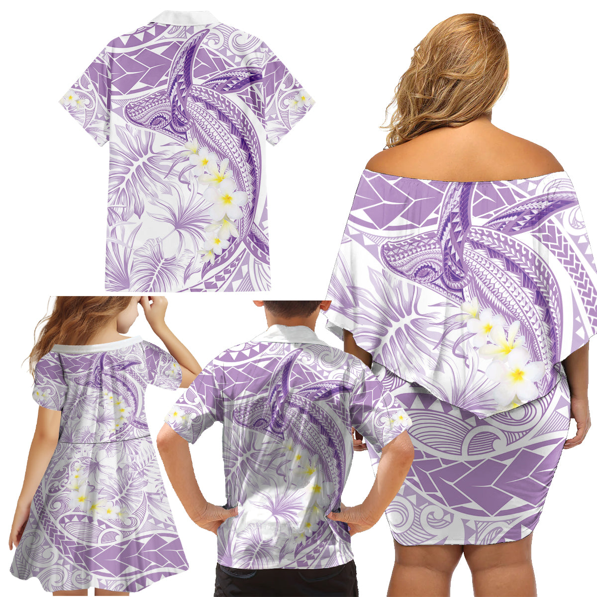 Polynesia Humpback Whale Family Matching Off Shoulder Short Dress and Hawaiian Shirt Tropical Plumeria Lavender LT7 - Polynesian Pride