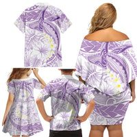 Polynesia Humpback Whale Family Matching Off Shoulder Short Dress and Hawaiian Shirt Tropical Plumeria Lavender LT7 - Polynesian Pride