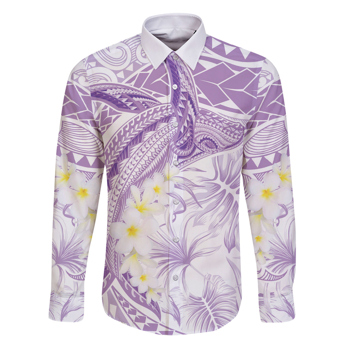 Polynesia Humpback Whale Family Matching Off Shoulder Short Dress and Hawaiian Shirt Tropical Plumeria Lavender LT7 Dad's Shirt - Long Sleeve Lavender - Polynesian Pride