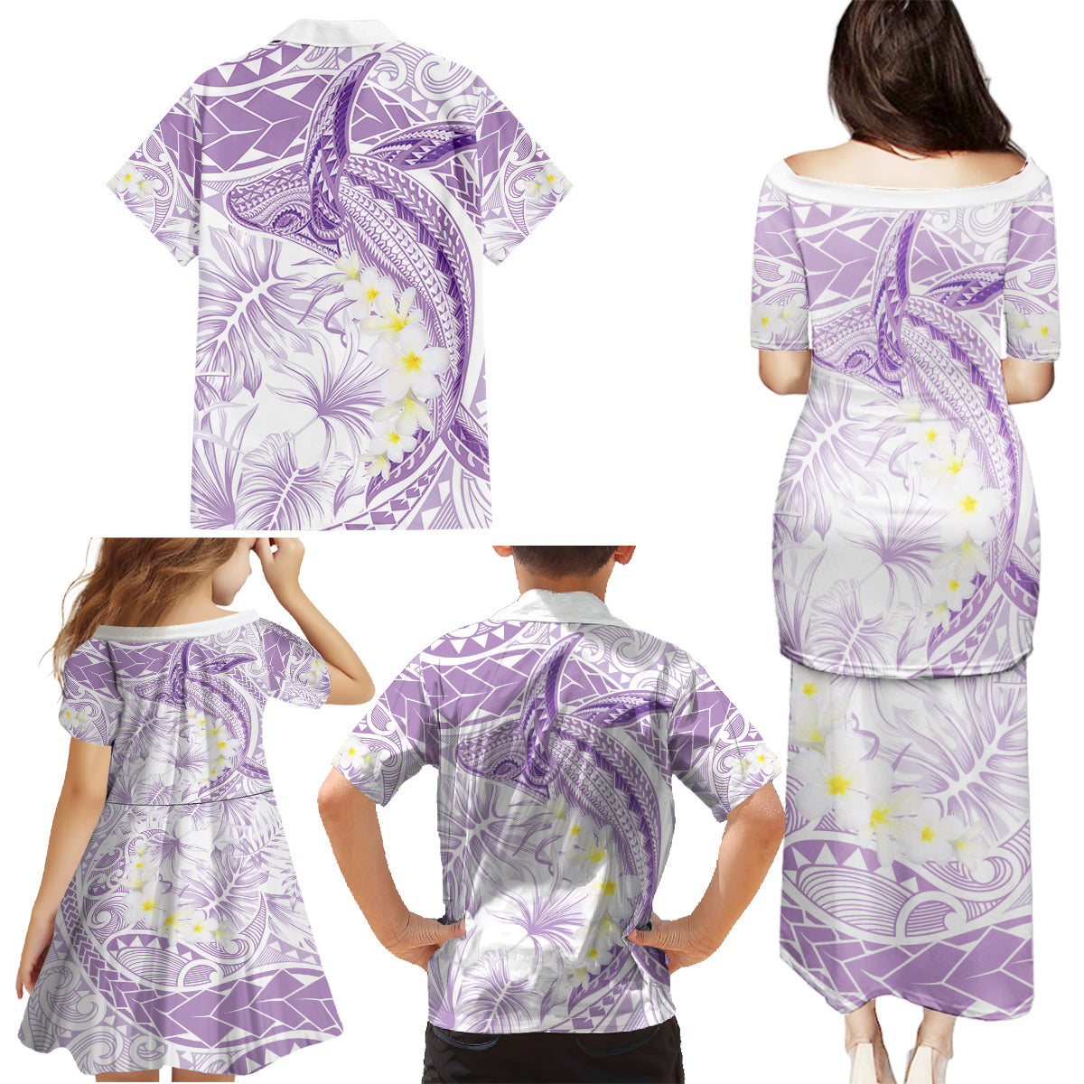 Polynesia Humpback Whale Family Matching Puletasi and Hawaiian Shirt Tropical Plumeria Lavender LT7 - Polynesian Pride