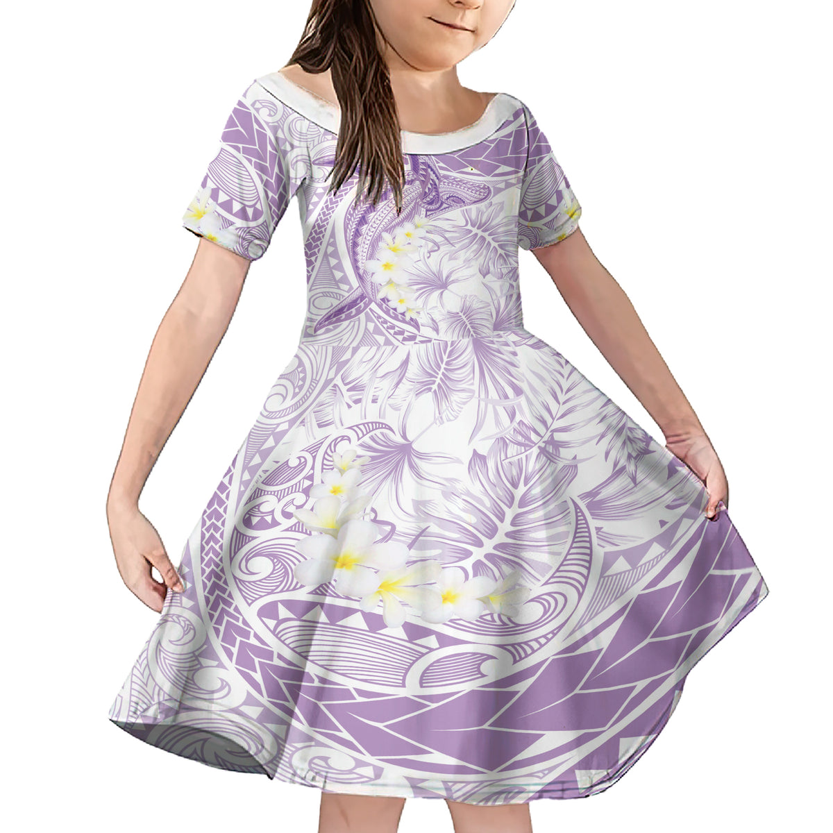 Polynesia Humpback Whale Family Matching Short Sleeve Bodycon Dress and Hawaiian Shirt Tropical Plumeria Lavender LT7 Daughter's Dress Lavender - Polynesian Pride