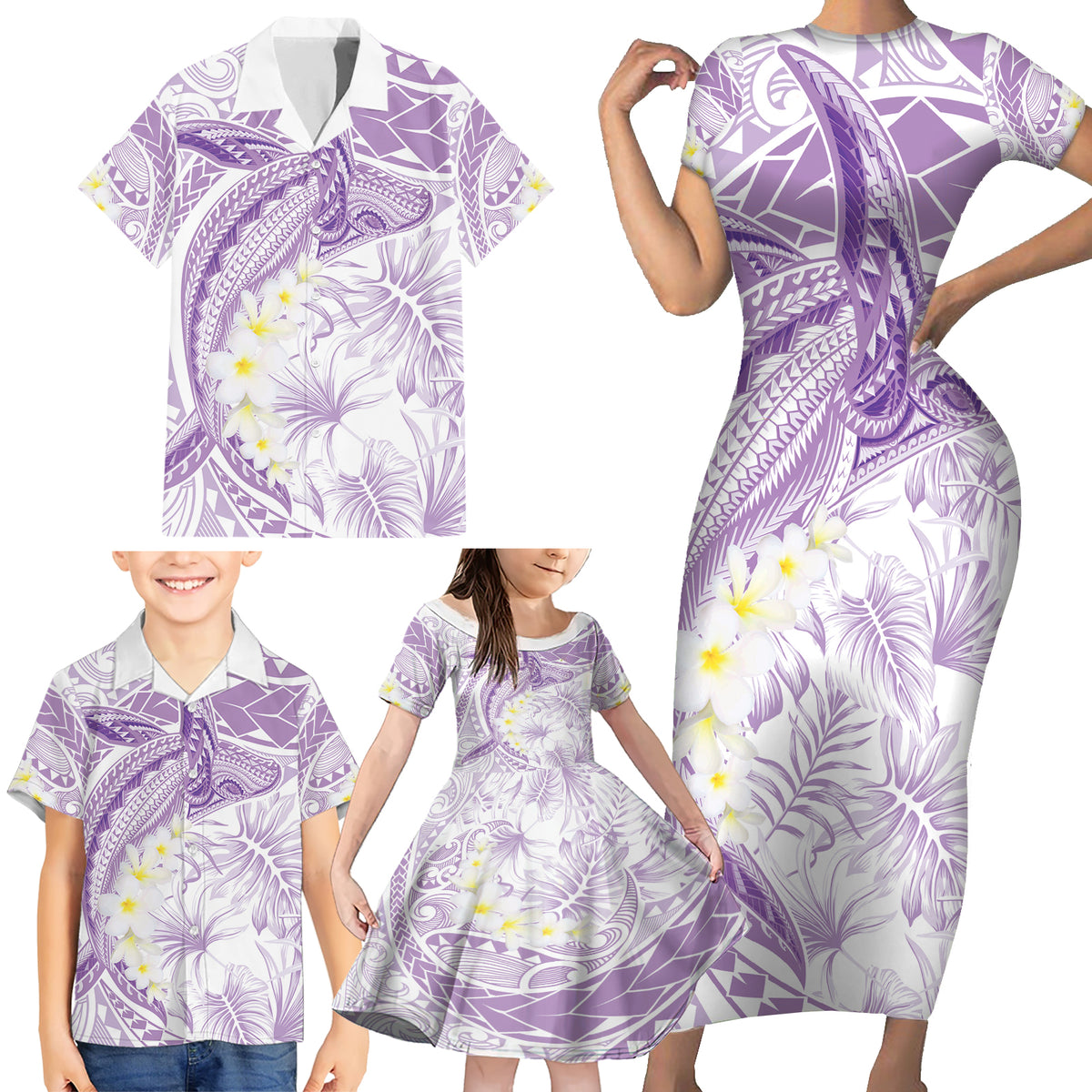 Polynesia Humpback Whale Family Matching Short Sleeve Bodycon Dress and Hawaiian Shirt Tropical Plumeria Lavender LT7 - Polynesian Pride