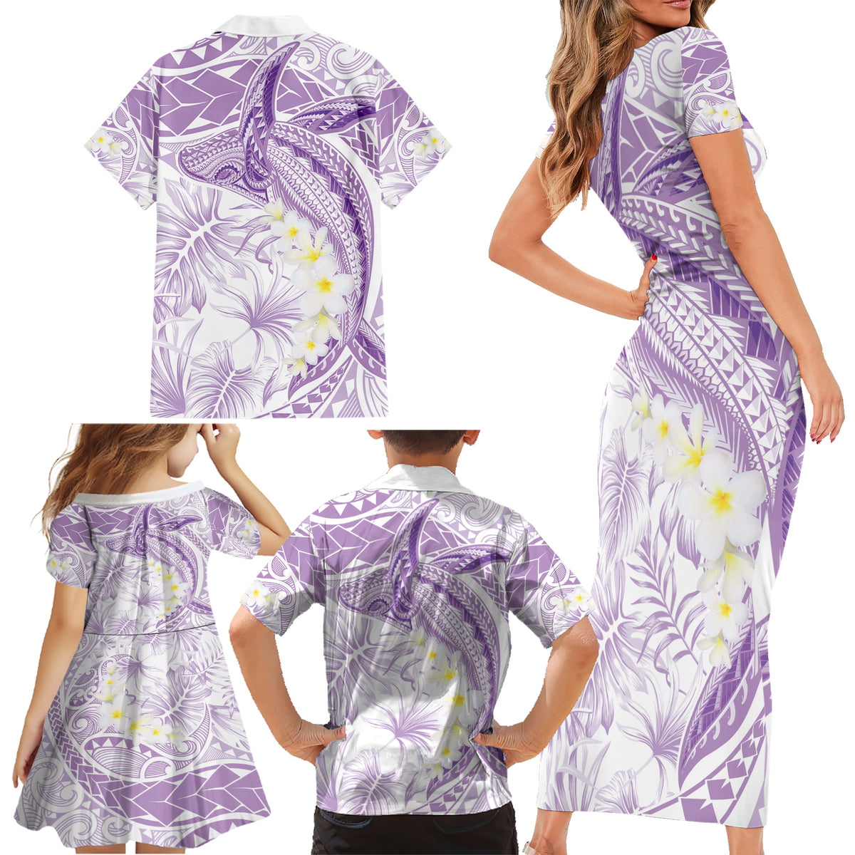 Polynesia Humpback Whale Family Matching Short Sleeve Bodycon Dress and Hawaiian Shirt Tropical Plumeria Lavender LT7 - Polynesian Pride