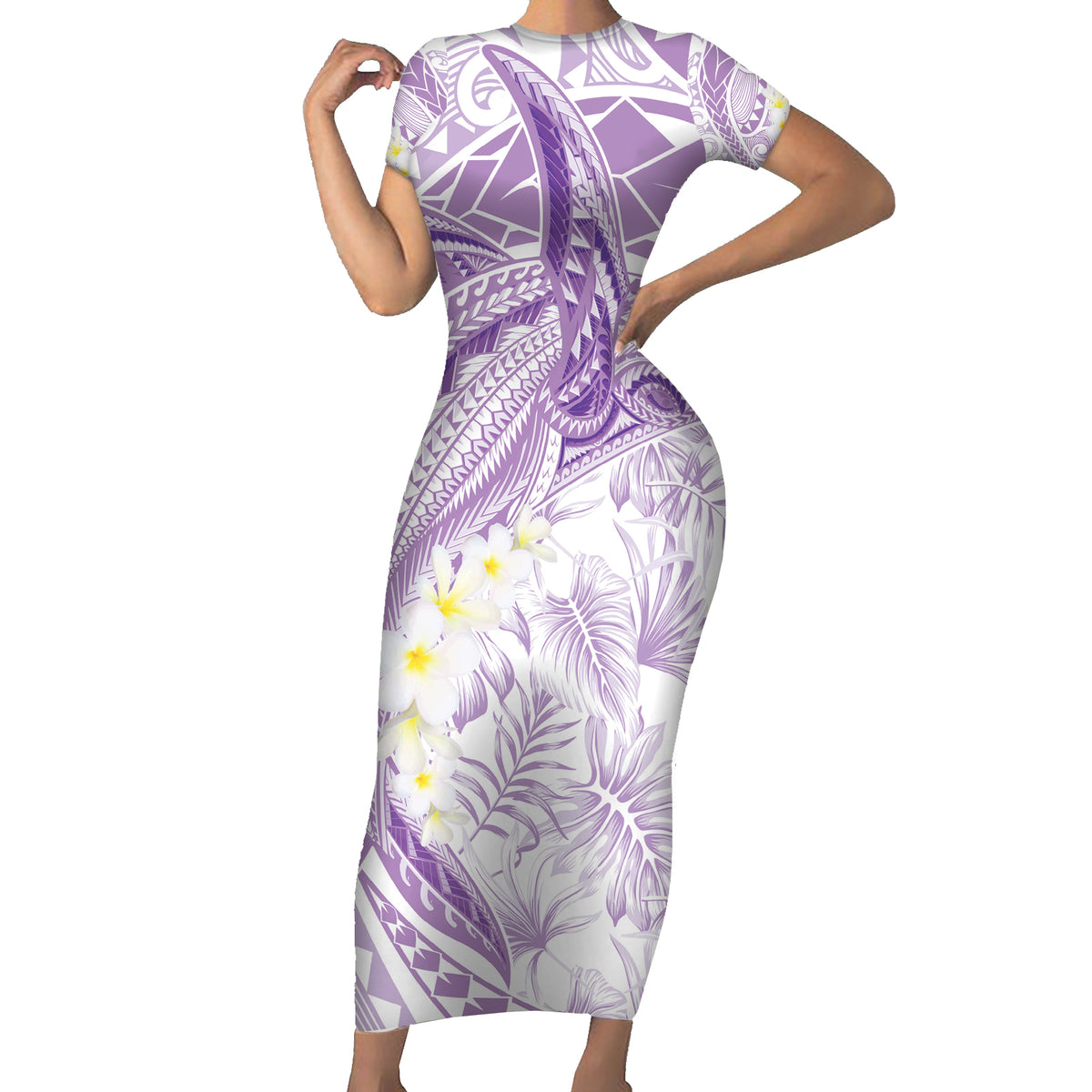Polynesia Humpback Whale Family Matching Short Sleeve Bodycon Dress and Hawaiian Shirt Tropical Plumeria Lavender LT7 Mom's Dress Lavender - Polynesian Pride