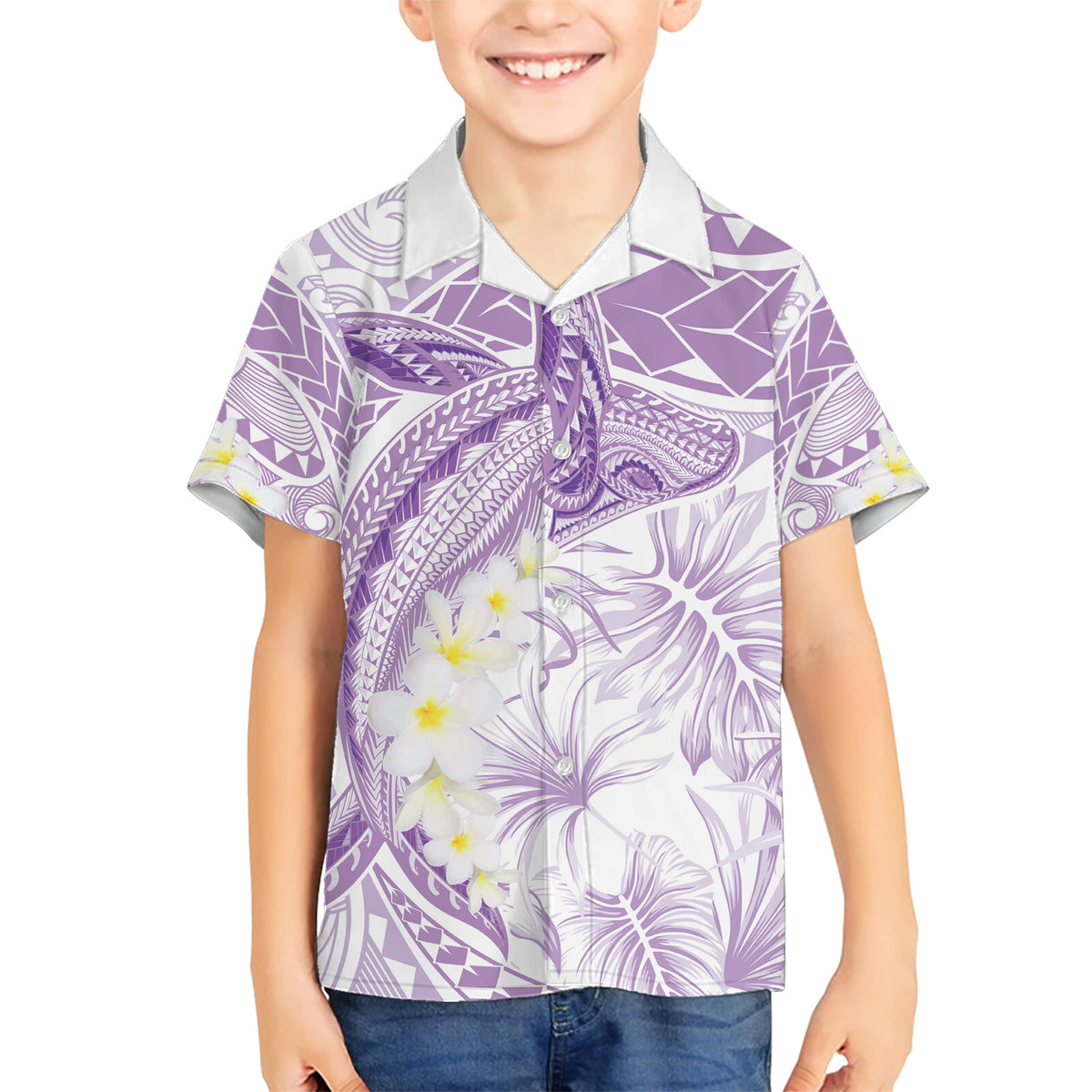 Polynesia Humpback Whale Family Matching Short Sleeve Bodycon Dress and Hawaiian Shirt Tropical Plumeria Lavender LT7 Son's Shirt Lavender - Polynesian Pride