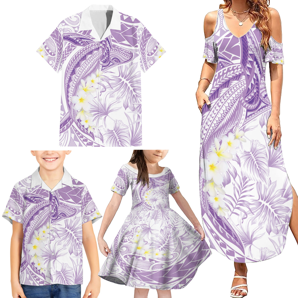 Polynesia Humpback Whale Family Matching Summer Maxi Dress and Hawaiian Shirt Tropical Plumeria Lavender LT7 - Polynesian Pride