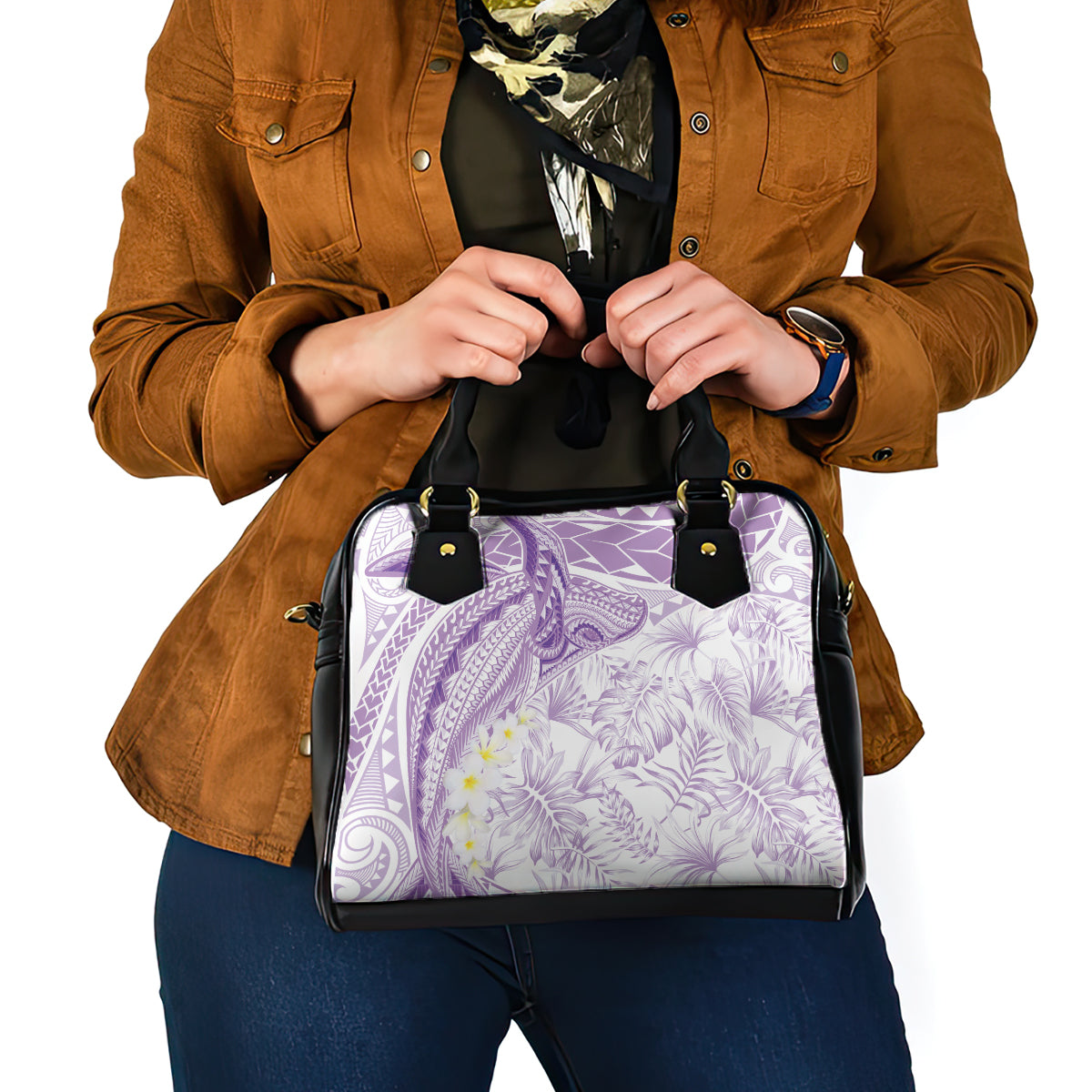 Polynesia Humpback Whale Shoulder Handbag Tropical Plumeria Lavender