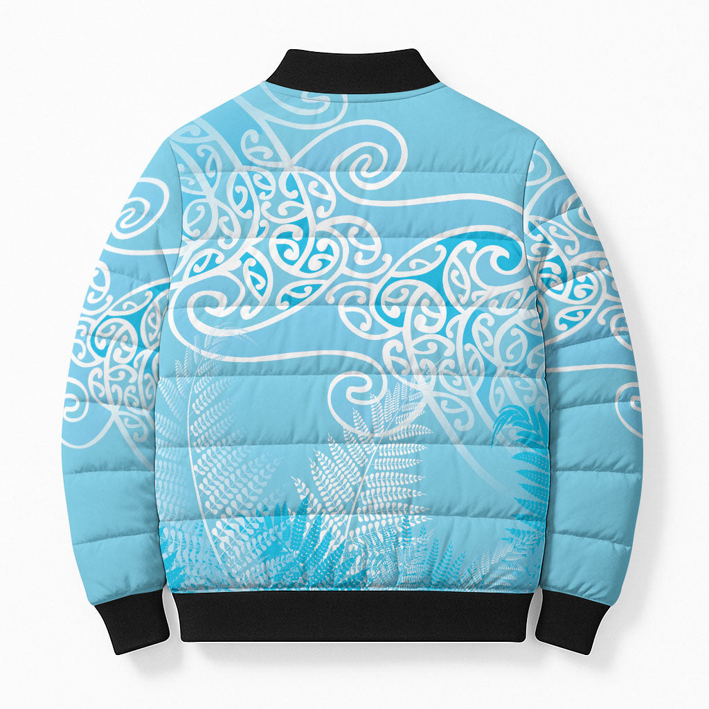 Aotearoa Maori Koru Curves Bomber Puffer Jacket Silver Ferns - Turquoise