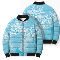 Aotearoa Maori Koru Curves Bomber Puffer Jacket Silver Ferns - Turquoise