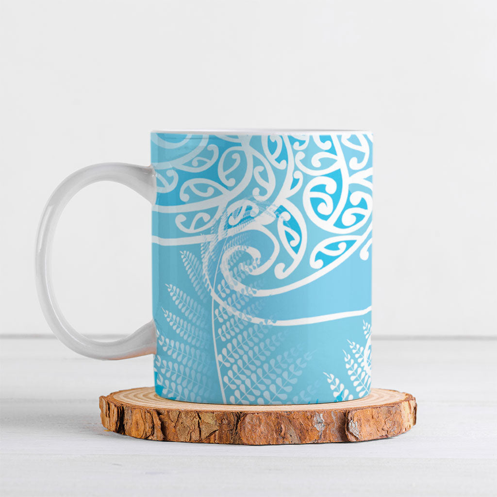 Aotearoa Maori Koru Curves Ceramic Mug Silver Ferns - Turquoise