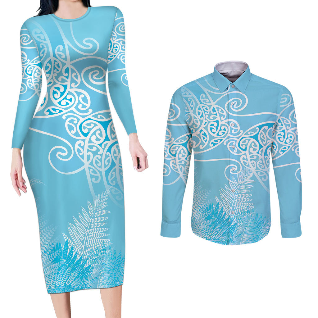 Aotearoa Maori Koru Curves Couples Matching Long Sleeve Bodycon Dress and Long Sleeve Button Shirt Silver Ferns - Turquoise LT7 Turquoise - Polynesian Pride