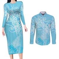Aotearoa Maori Koru Curves Couples Matching Long Sleeve Bodycon Dress and Long Sleeve Button Shirt Silver Ferns - Turquoise LT7 Turquoise - Polynesian Pride