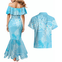 Aotearoa Maori Koru Curves Couples Matching Mermaid Dress and Hawaiian Shirt Silver Ferns - Turquoise LT7 - Polynesian Pride
