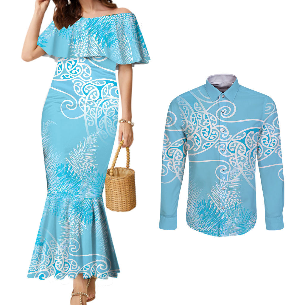 Aotearoa Maori Koru Curves Couples Matching Mermaid Dress and Long Sleeve Button Shirt Silver Ferns - Turquoise LT7 Turquoise - Polynesian Pride