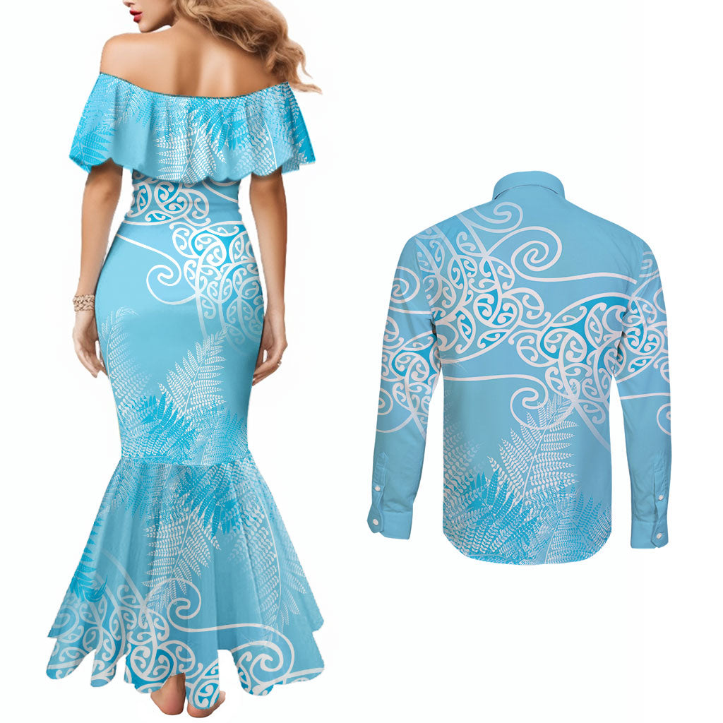 Aotearoa Maori Koru Curves Couples Matching Mermaid Dress and Long Sleeve Button Shirt Silver Ferns - Turquoise LT7 - Polynesian Pride