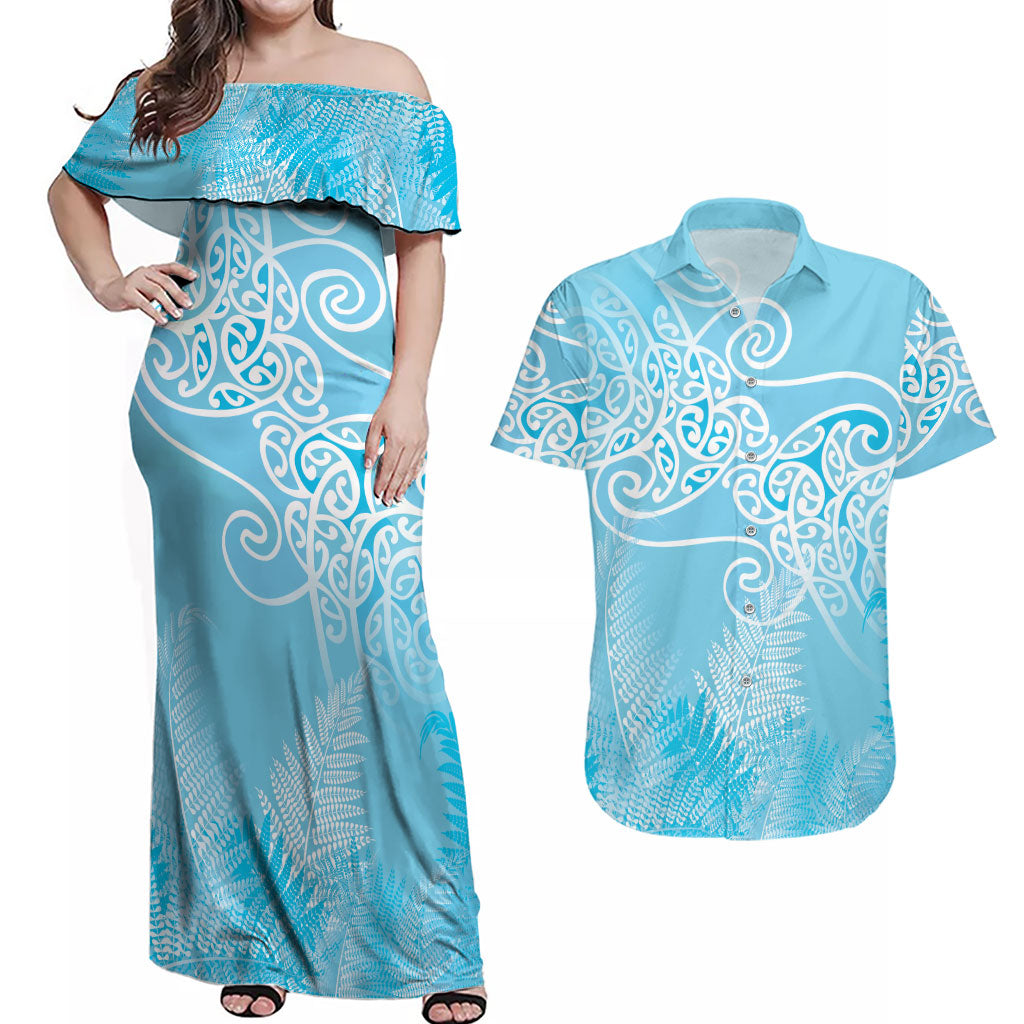 Aotearoa Maori Koru Curves Couples Matching Off Shoulder Maxi Dress and Hawaiian Shirt Silver Ferns - Turquoise