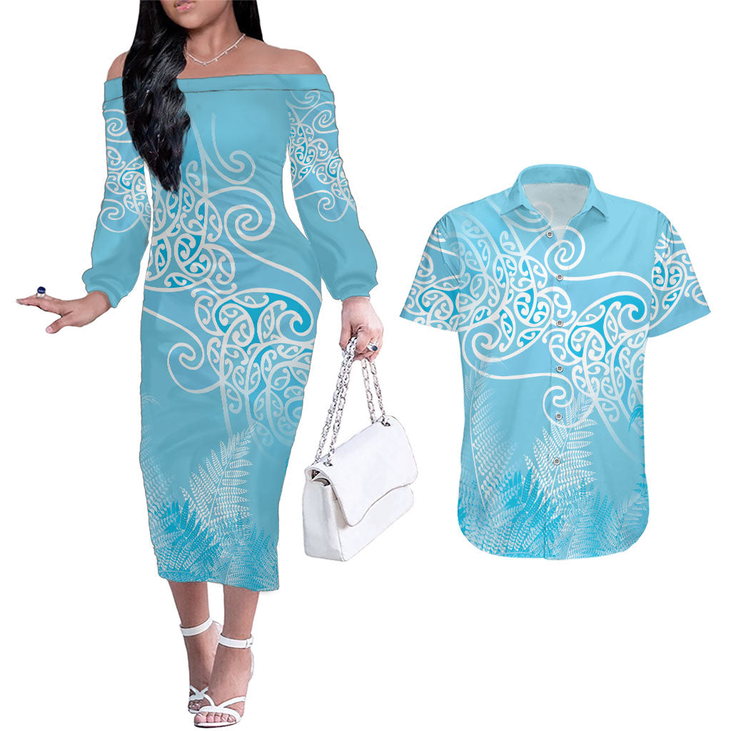 Aotearoa Maori Koru Curves Couples Matching Off The Shoulder Long Sleeve Dress and Hawaiian Shirt Silver Ferns - Turquoise LT7 Turquoise - Polynesian Pride