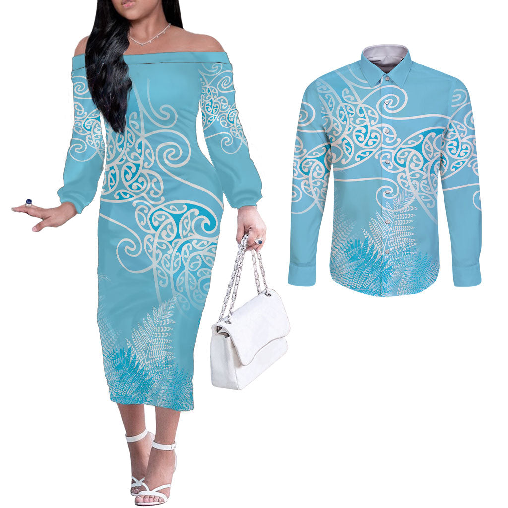 Aotearoa Maori Koru Curves Couples Matching Off The Shoulder Long Sleeve Dress and Long Sleeve Button Shirt Silver Ferns - Turquoise LT7 Turquoise - Polynesian Pride