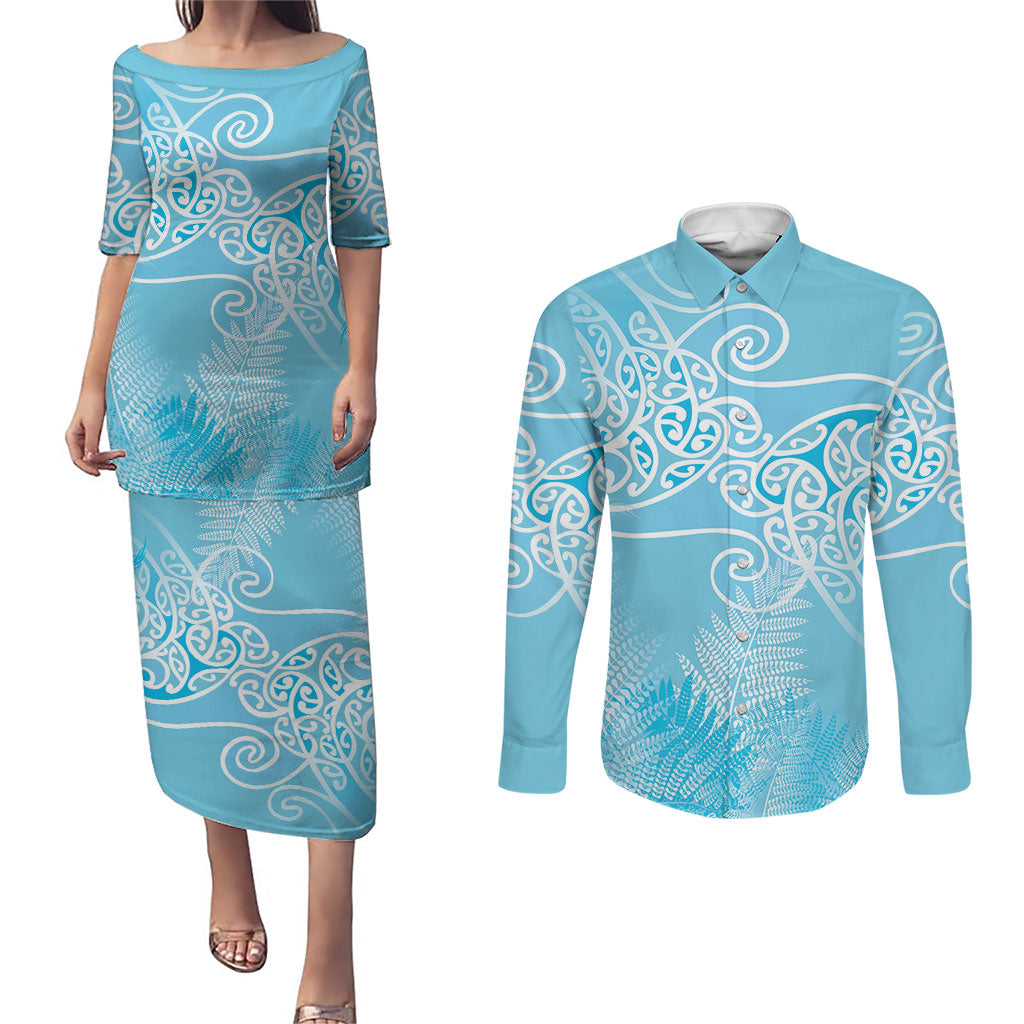 Aotearoa Maori Koru Curves Couples Matching Puletasi and Long Sleeve Button Shirt Silver Ferns - Turquoise LT7 Turquoise - Polynesian Pride