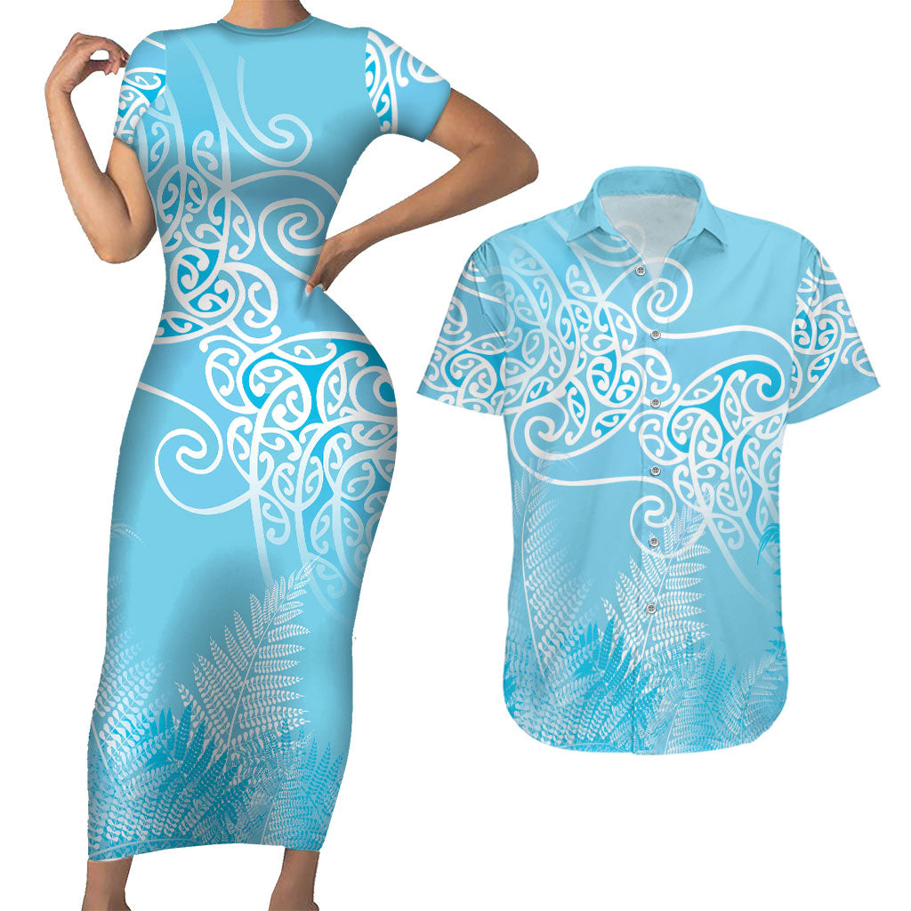 Aotearoa Maori Koru Curves Couples Matching Short Sleeve Bodycon Dress and Hawaiian Shirt Silver Ferns - Turquoise LT7 Turquoise - Polynesian Pride