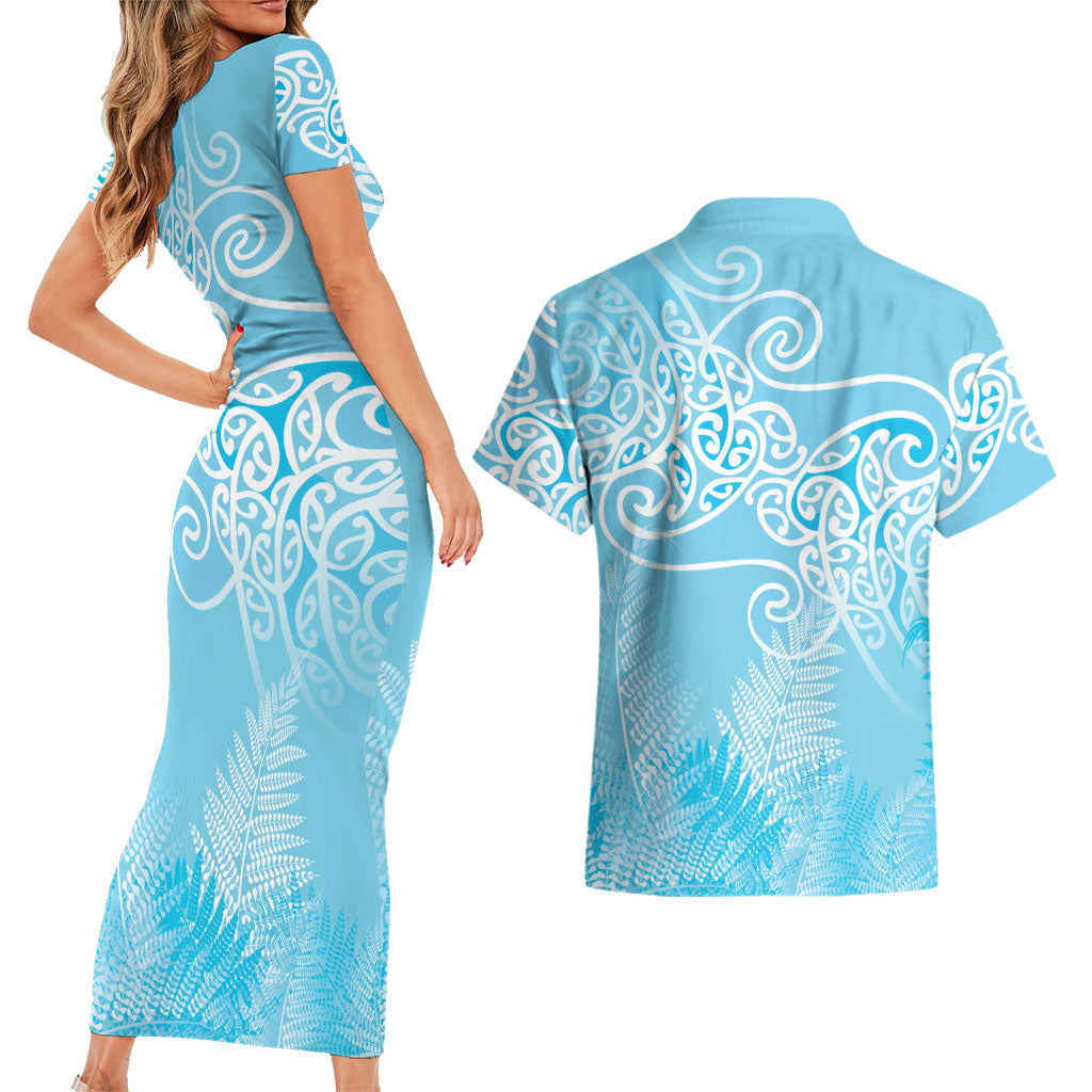 Aotearoa Maori Koru Curves Couples Matching Short Sleeve Bodycon Dress and Hawaiian Shirt Silver Ferns - Turquoise LT7 - Polynesian Pride