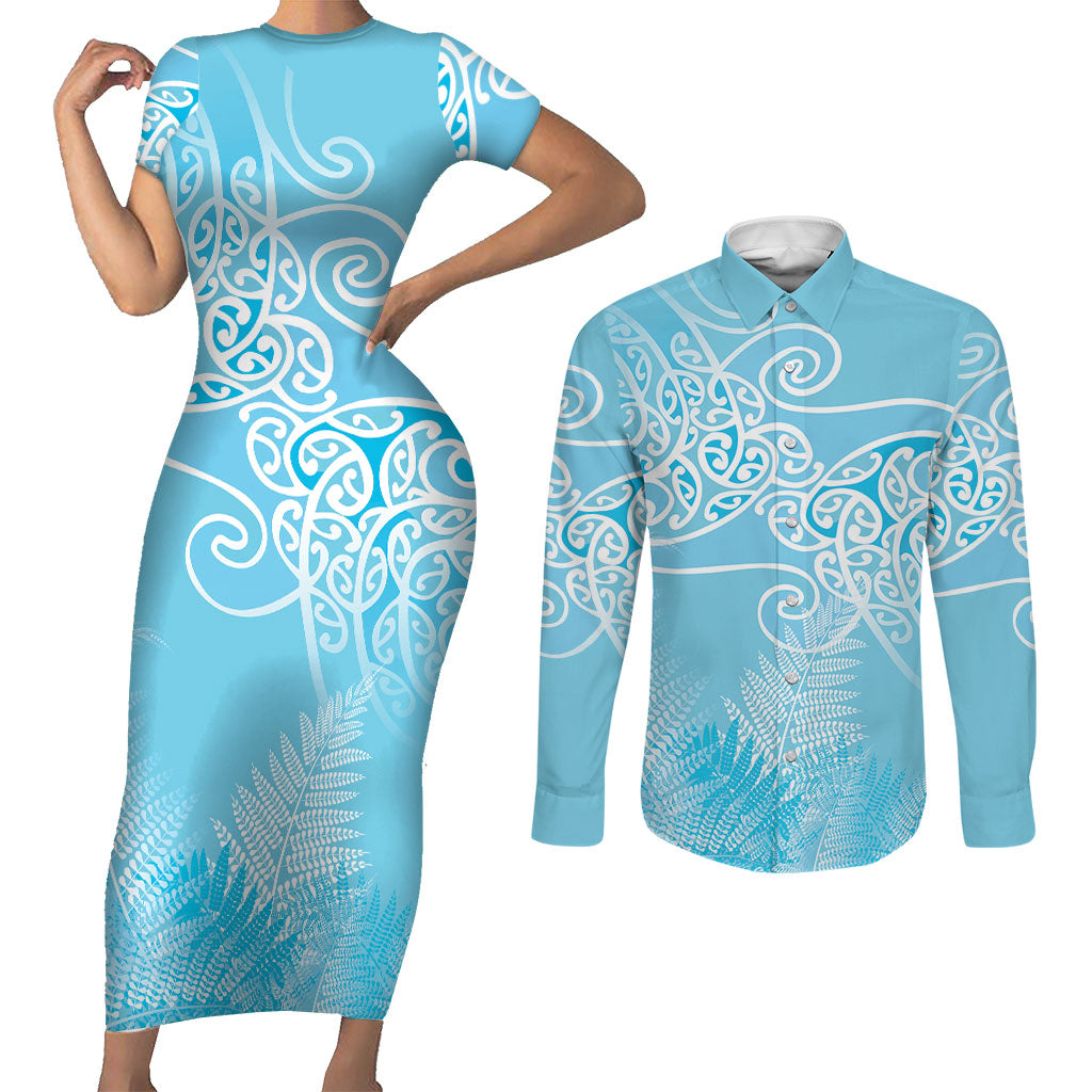Aotearoa Maori Koru Curves Couples Matching Short Sleeve Bodycon Dress and Long Sleeve Button Shirt Silver Ferns - Turquoise LT7 Turquoise - Polynesian Pride