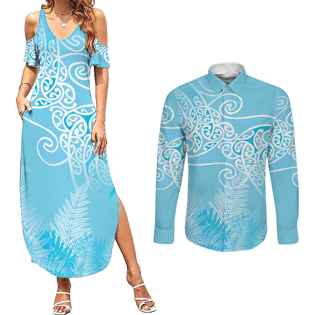 Aotearoa Maori Koru Curves Couples Matching Summer Maxi Dress and Long Sleeve Button Shirt Silver Ferns - Turquoise LT7 Turquoise - Polynesian Pride